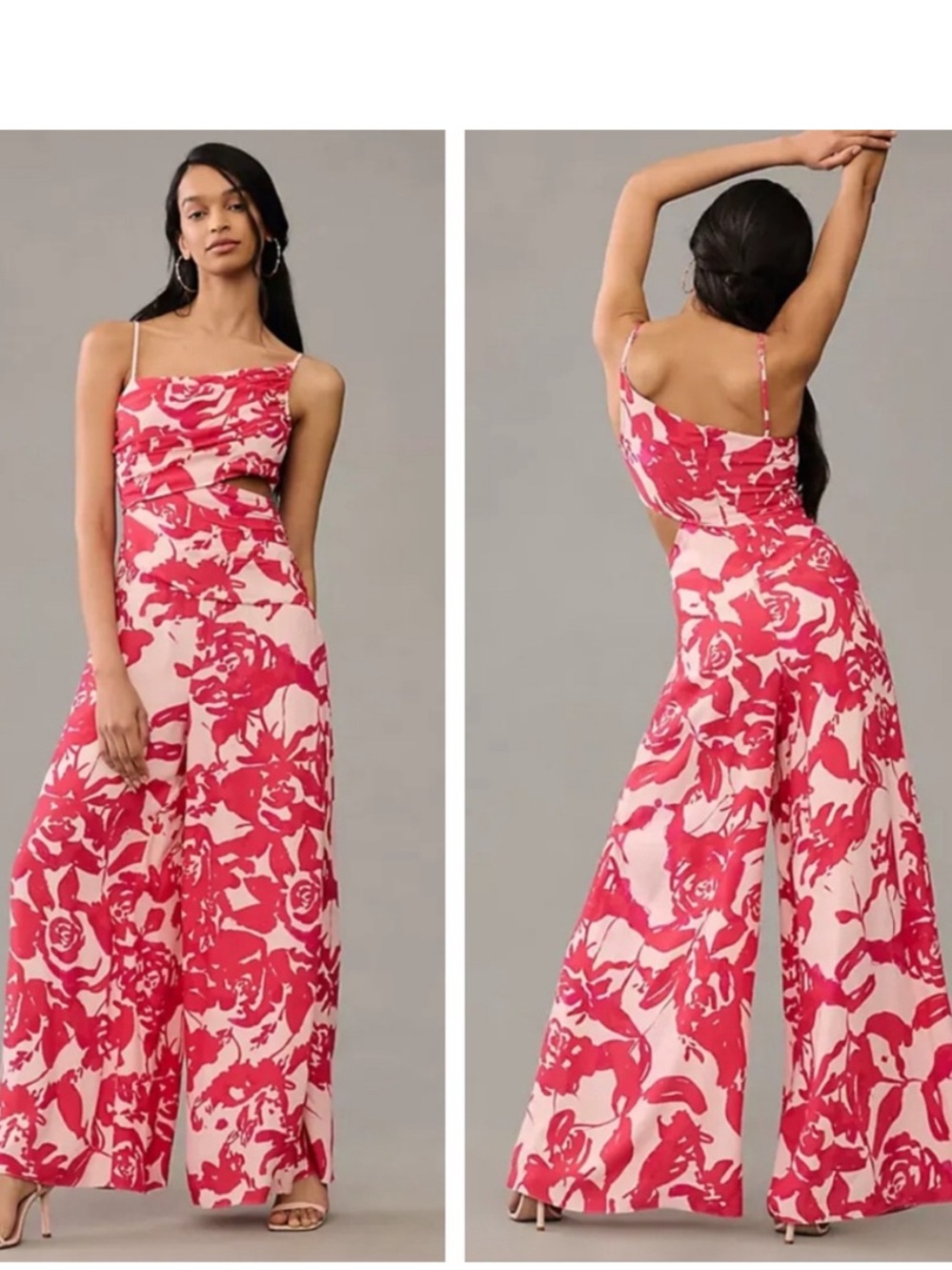 Anthropologie x Tracy Reese pink floral cutout draped wide leg jumpsuit sz L